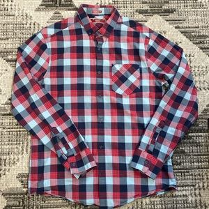 Original Penguin Men’s button up shirt plaid Red and Blues. Sz Large
